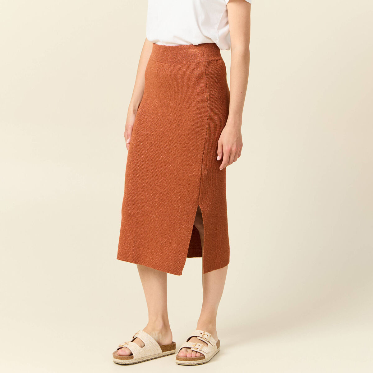 Jupe longue ajust&eacute;e en tricot orange fonc&eacute; femme