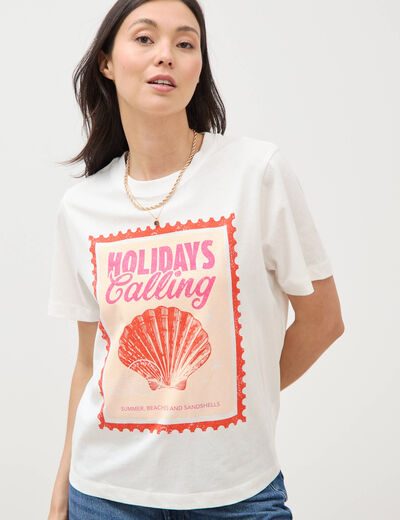 T-shirt droit en coton manches courtes ecru femme