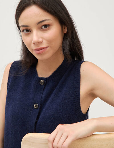Pull droit court sans manches col rond bleu marine femme