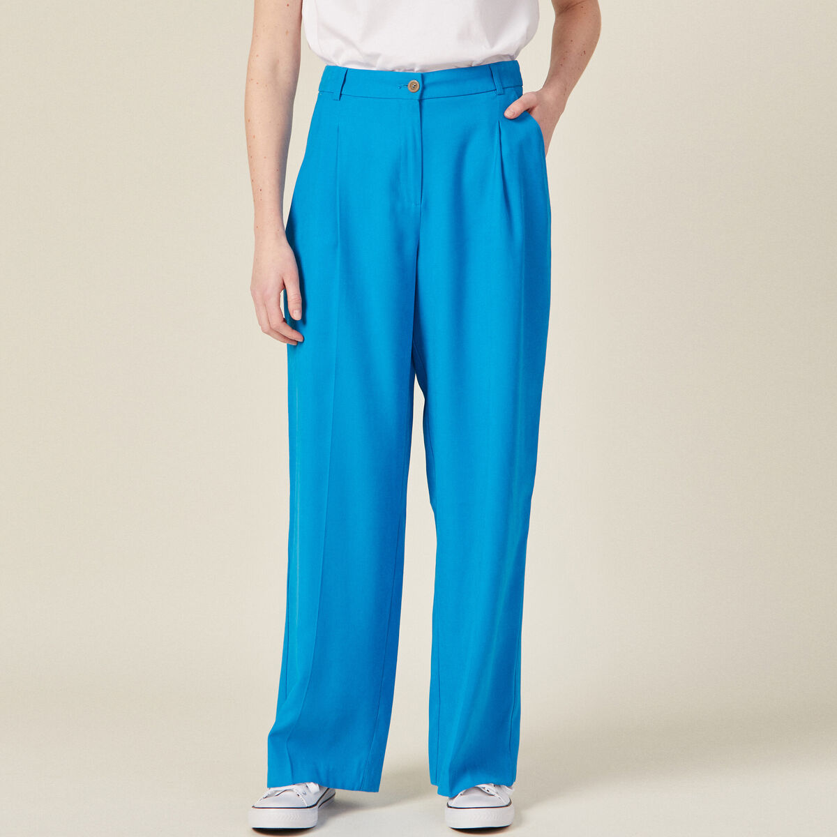 Pantalon large à pinces bleu femme