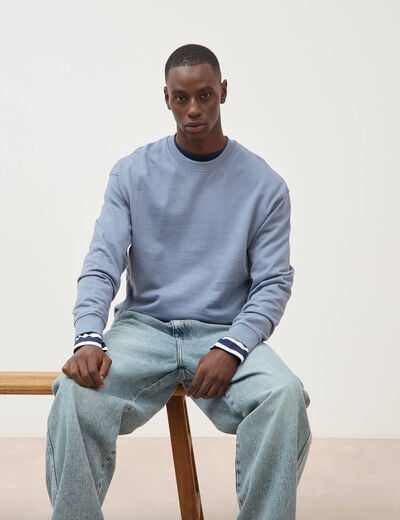 Sweat col rond manches longues en coton bleu gris homme