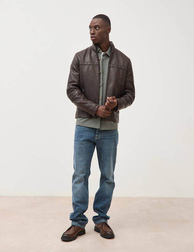 Blouson cintr&eacute; similicuir col montant marron fonc&eacute; homme