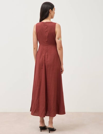 Robe sans manches col v marron cognac femme