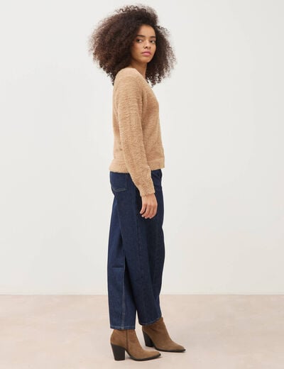 Pull droit col v manches longues camel femme