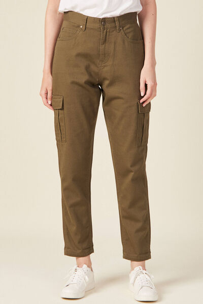 Pantalon cargo bas élastiqué vert foncé femme