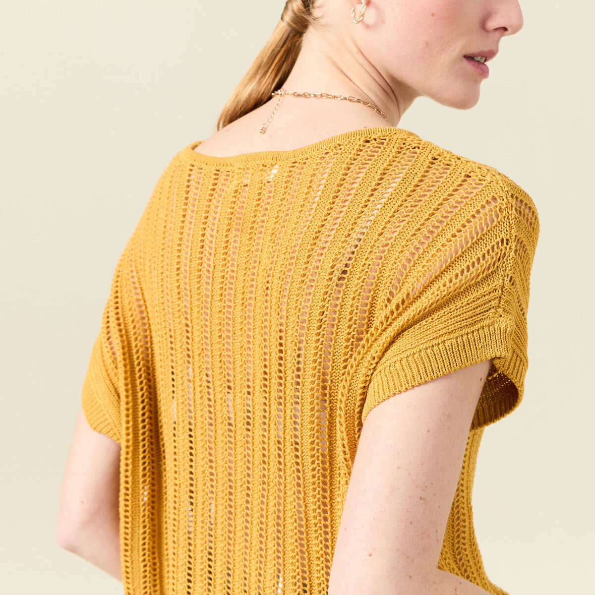 Pull ajouré éco-responsable jaune femme