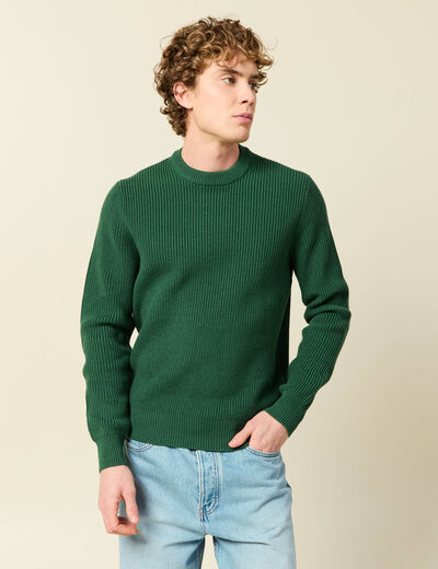 Pull fin manches longues col rond vert homme