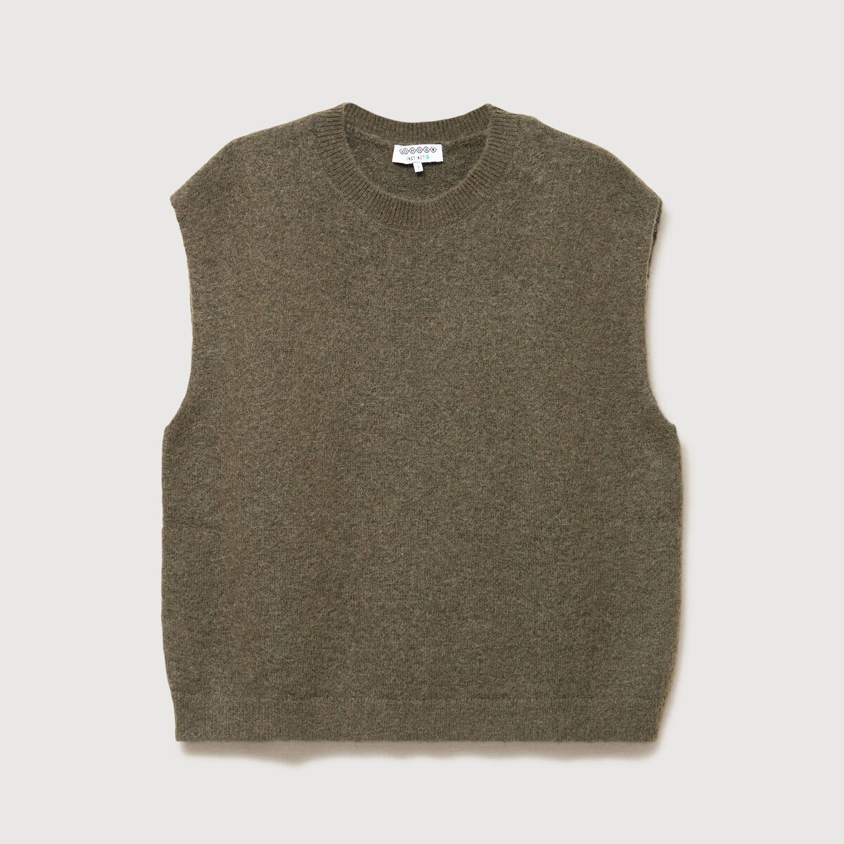 Pull droit court sans manches col rond vert olive femme