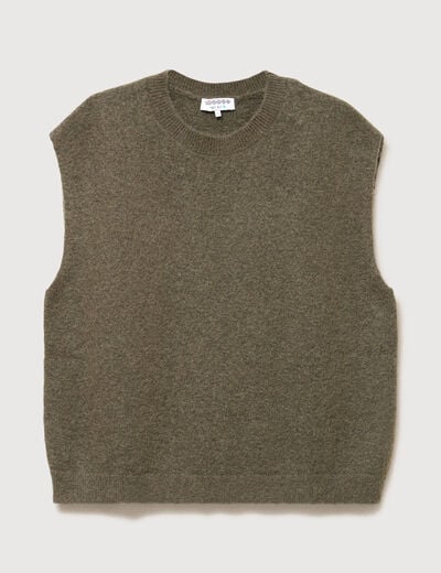 Pull droit court sans manches col rond vert olive femme