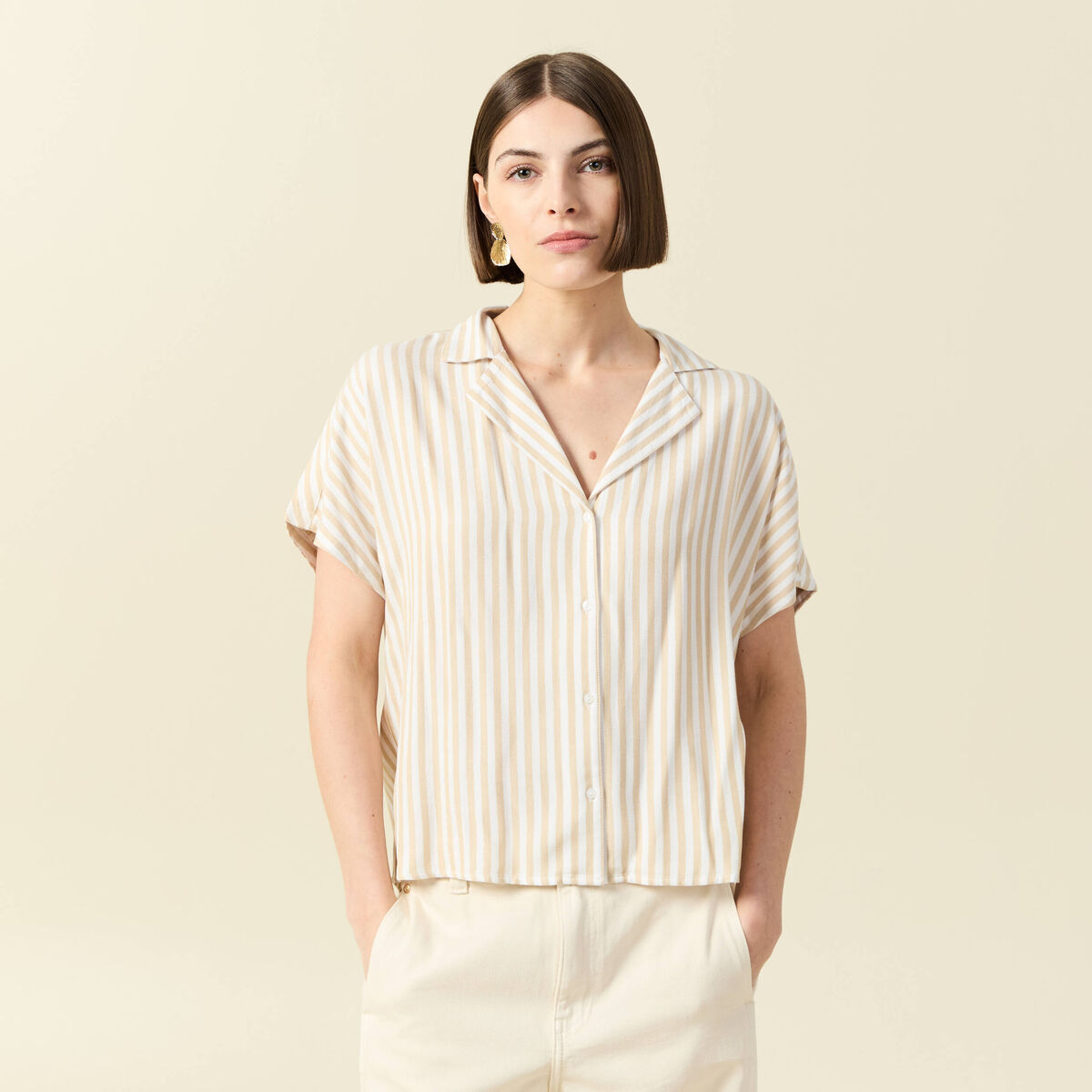 Chemise manches 3/4 beige moyen femme