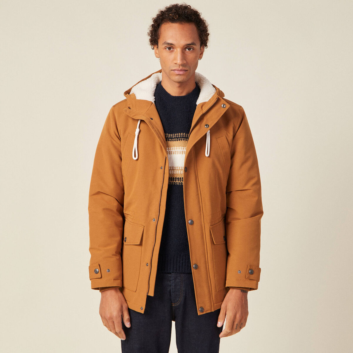 Parka droite à capuche marron homme