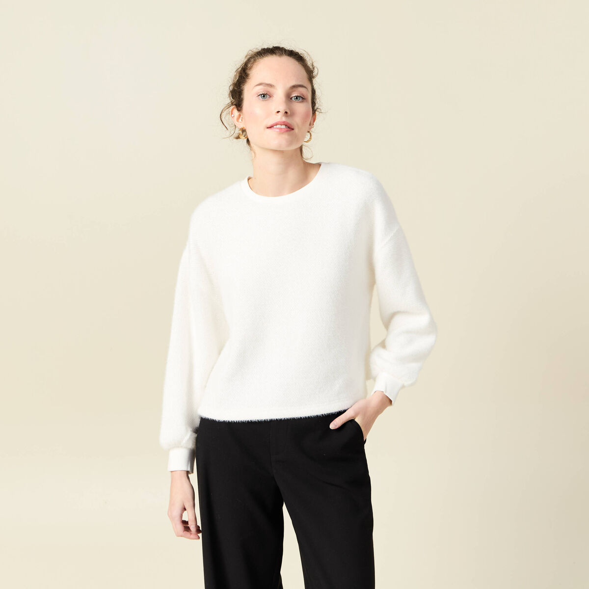Sweat manches longues ecru femme