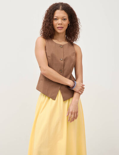 Gilet sans manches col rond doubl&eacute; marron femme