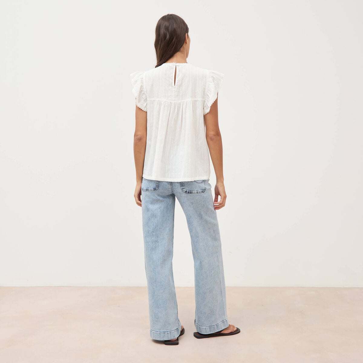 Top col rond manches courtes en coton ecru femme