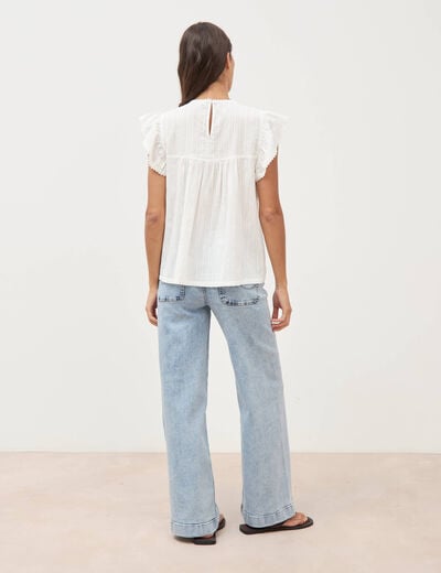 Top col rond manches courtes en coton ecru femme
