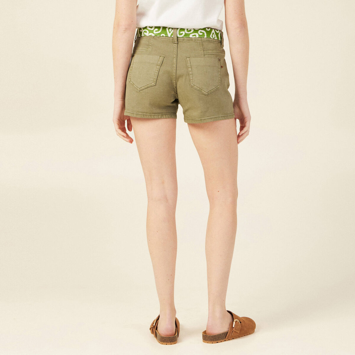 Short straight ceinturé jean vert kaki femme
