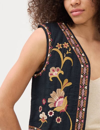 Gilet droit court sans manches doubl&eacute; noir femme