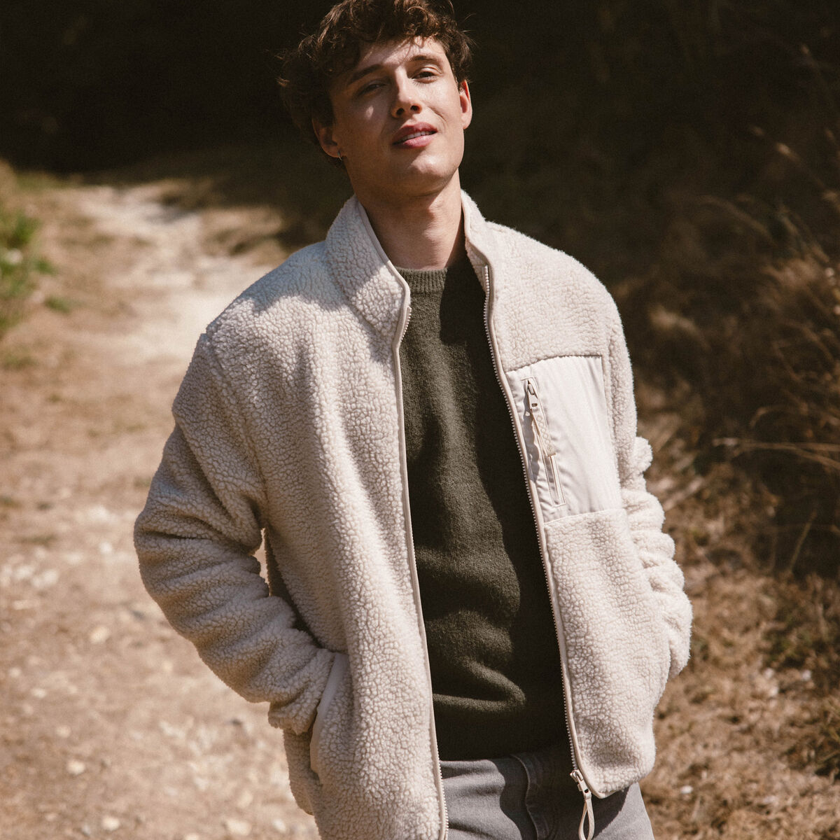 Veste droite sherpa col montant sable homme