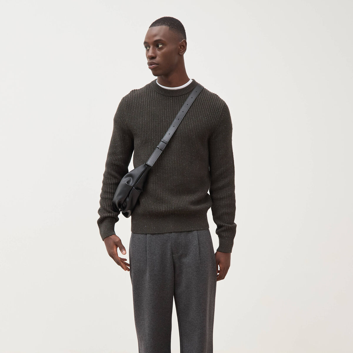 Pull col rond manches longues en coton vert kaki homme