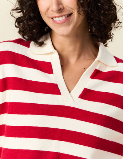 Pull manches longues col polo ecru femme