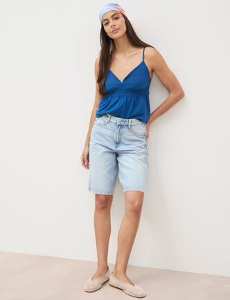 Bermuda large taille haute en coton denim bleach femme