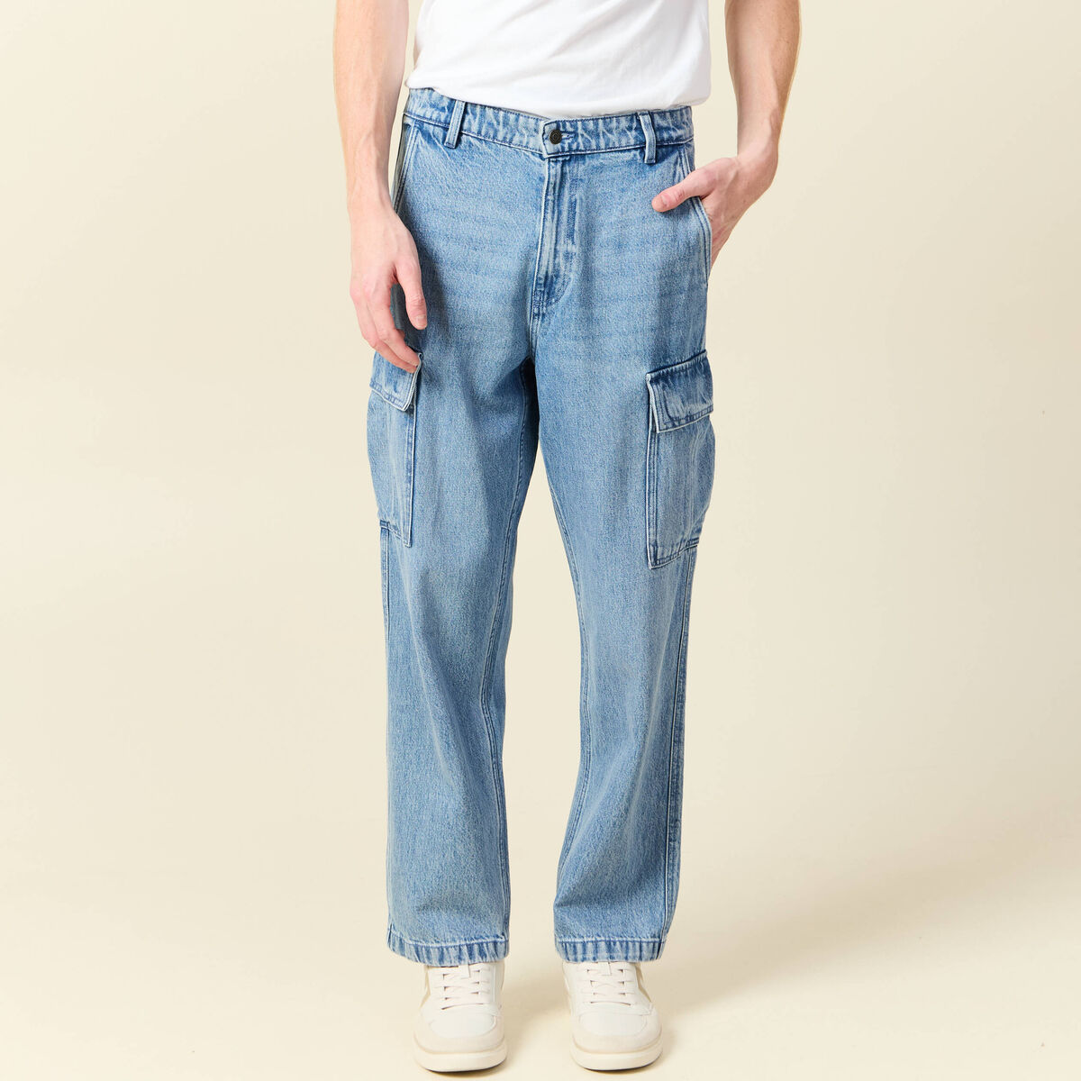 Pantalon cargo en coton denim bleach homme
