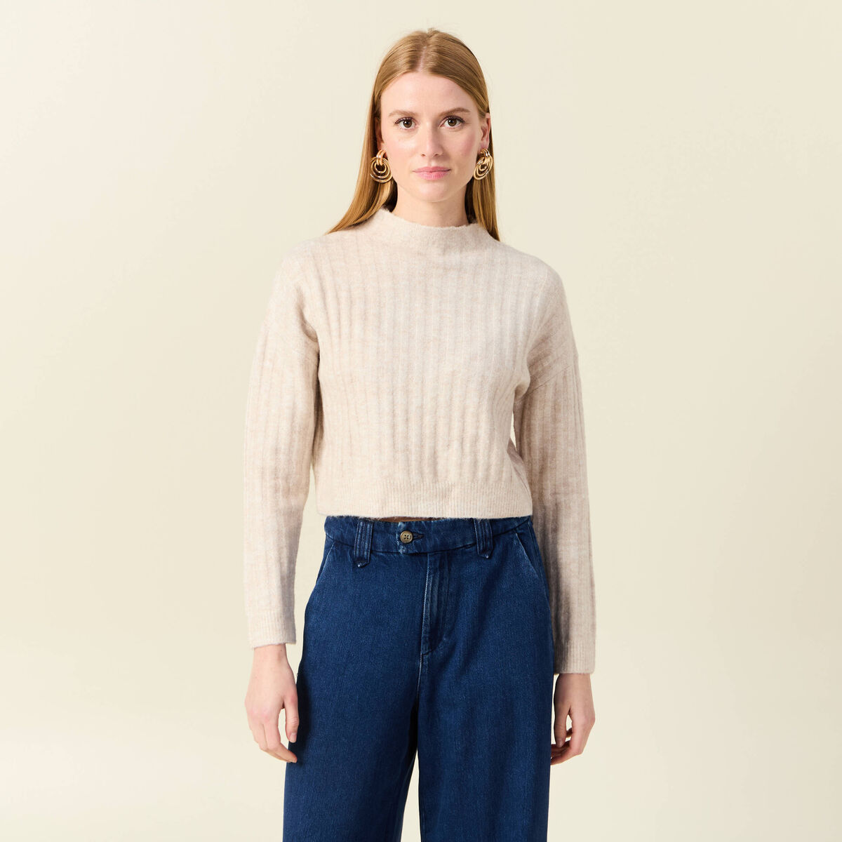 Pull manches longues cropped creme femme