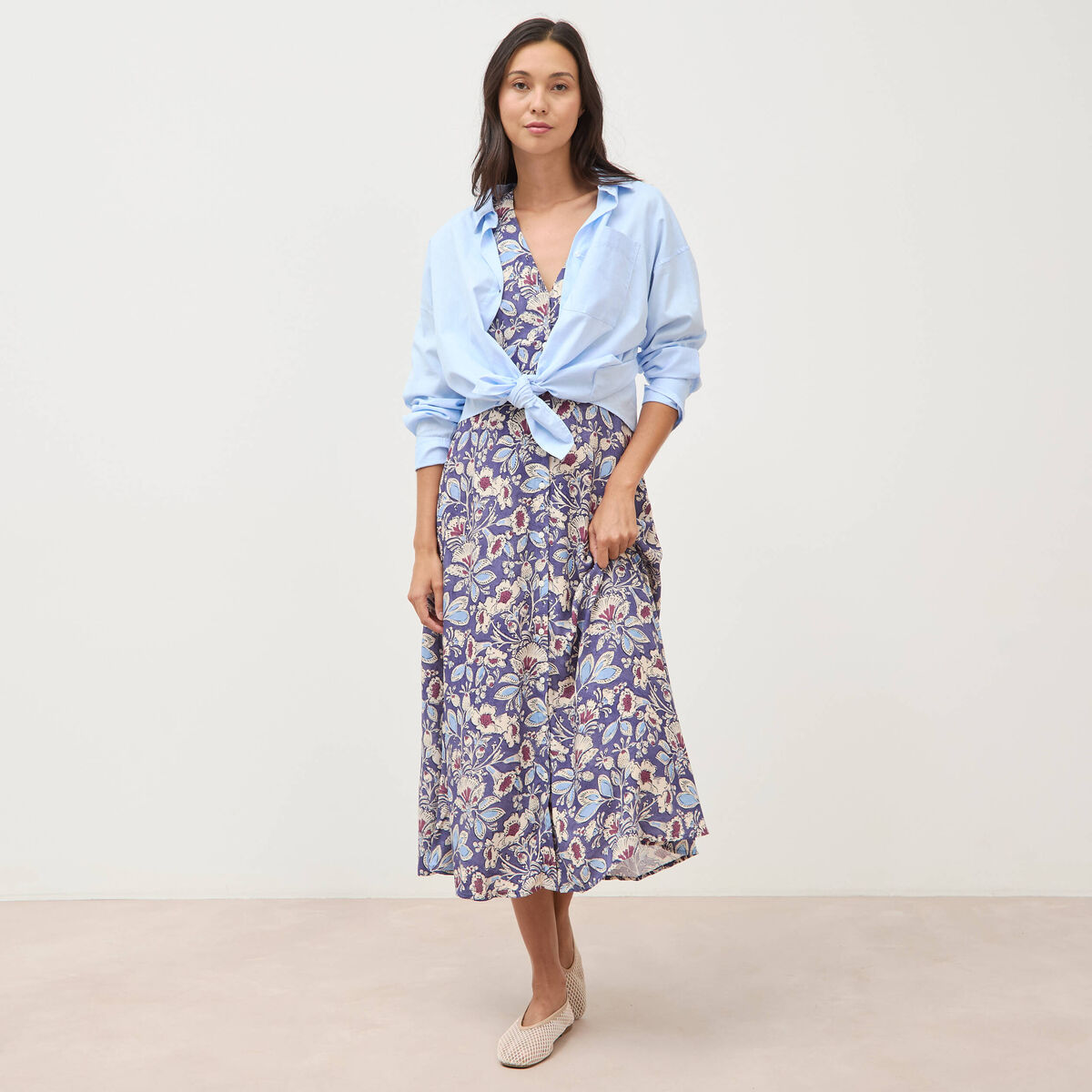 Robe droite 3/4 col v manches courtes bleu femme