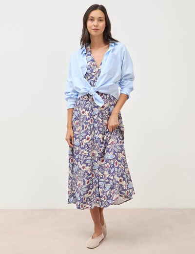 Robe droite 3/4 col v manches courtes bleu femme
