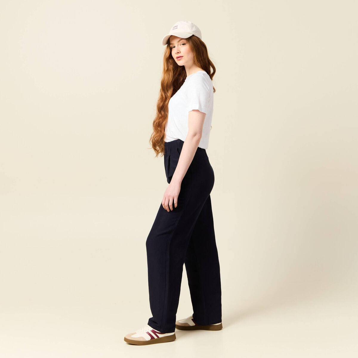 Pantalon large &agrave; pinces bleu fonc&eacute; femme