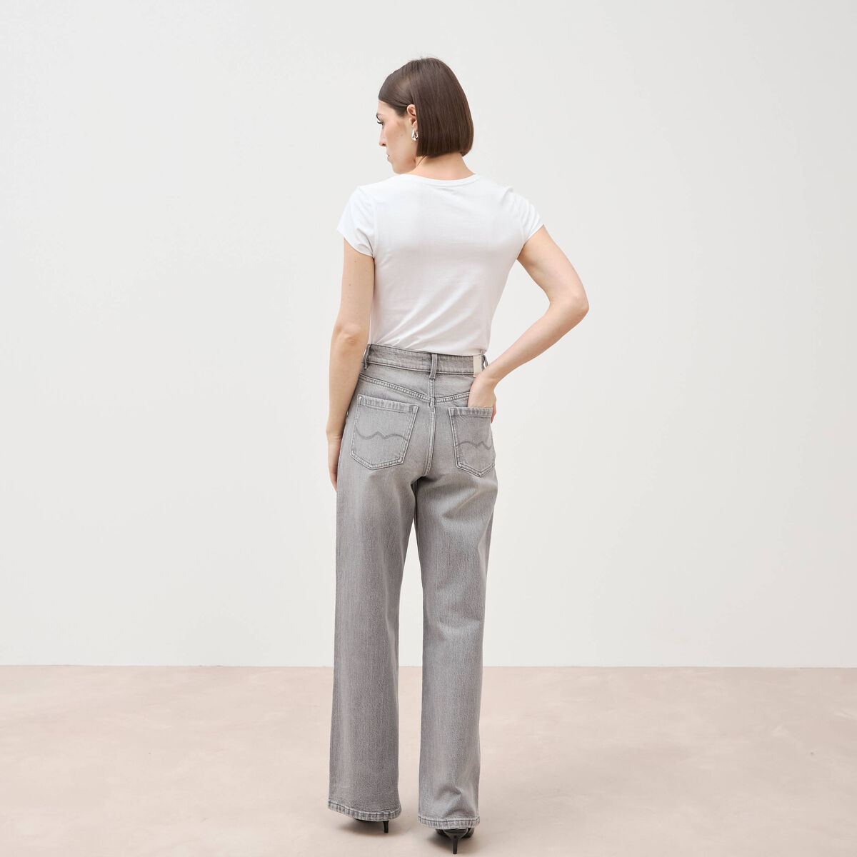 Jeans large taille haute denim gris femme