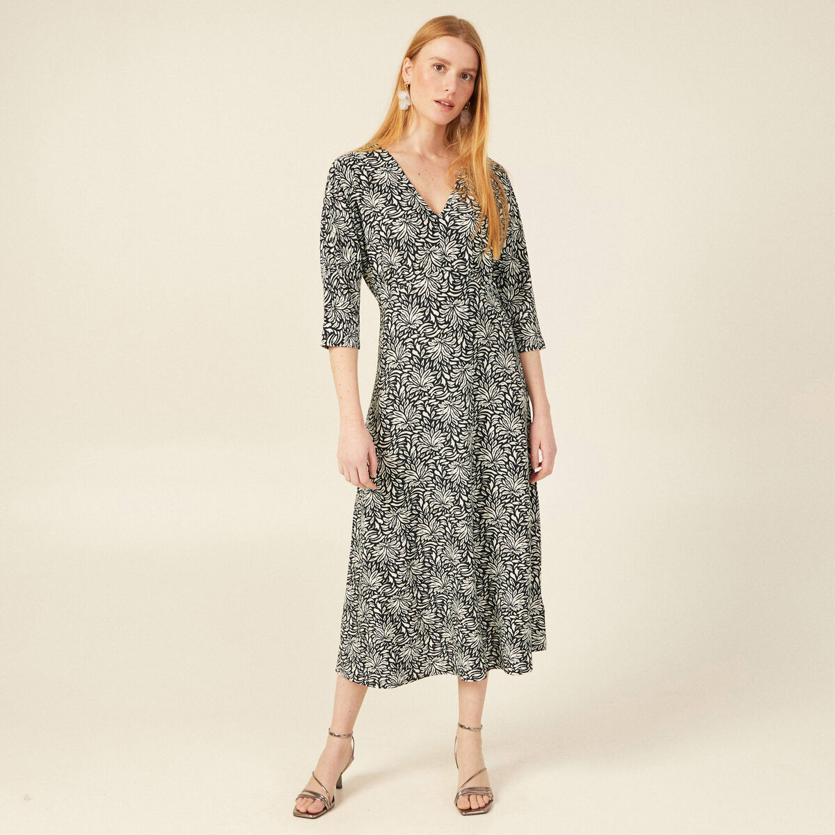 Robe midi droite manches 3/4 noir femme