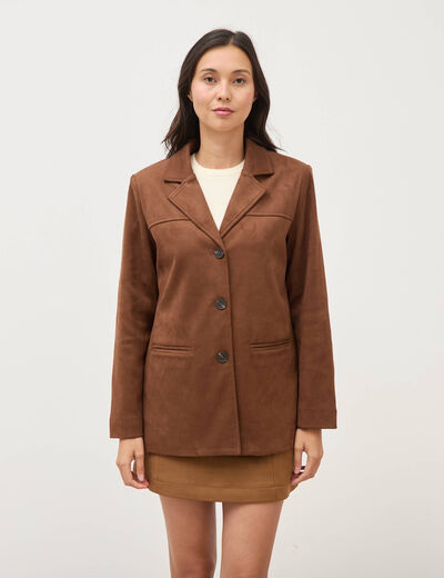 Blazer col tailleur manches longues marron fonc&eacute; femme