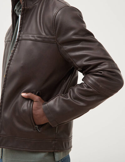 Blouson cintr&eacute; similicuir col montant marron fonc&eacute; homme