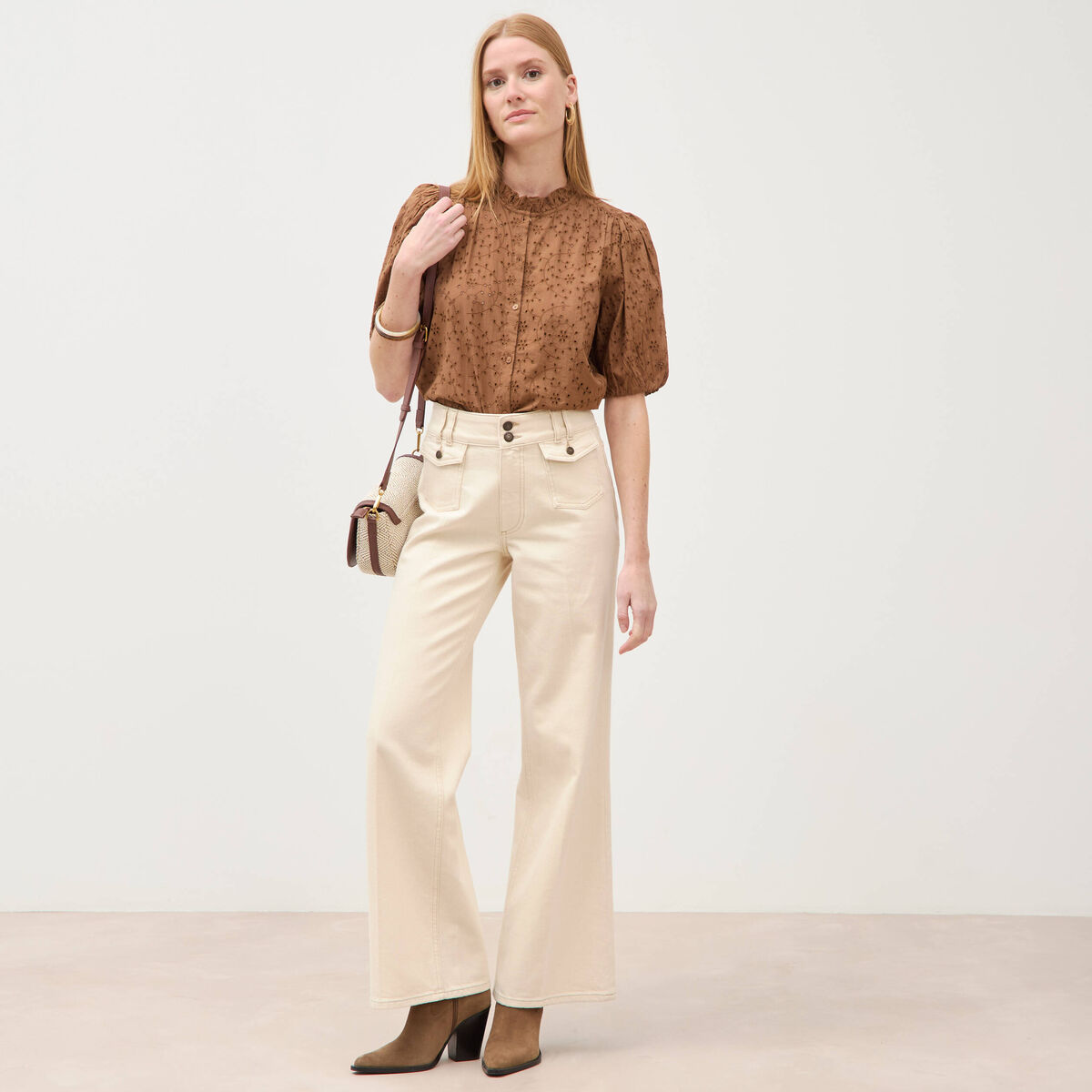 Chemise en coton manches coude marron femme