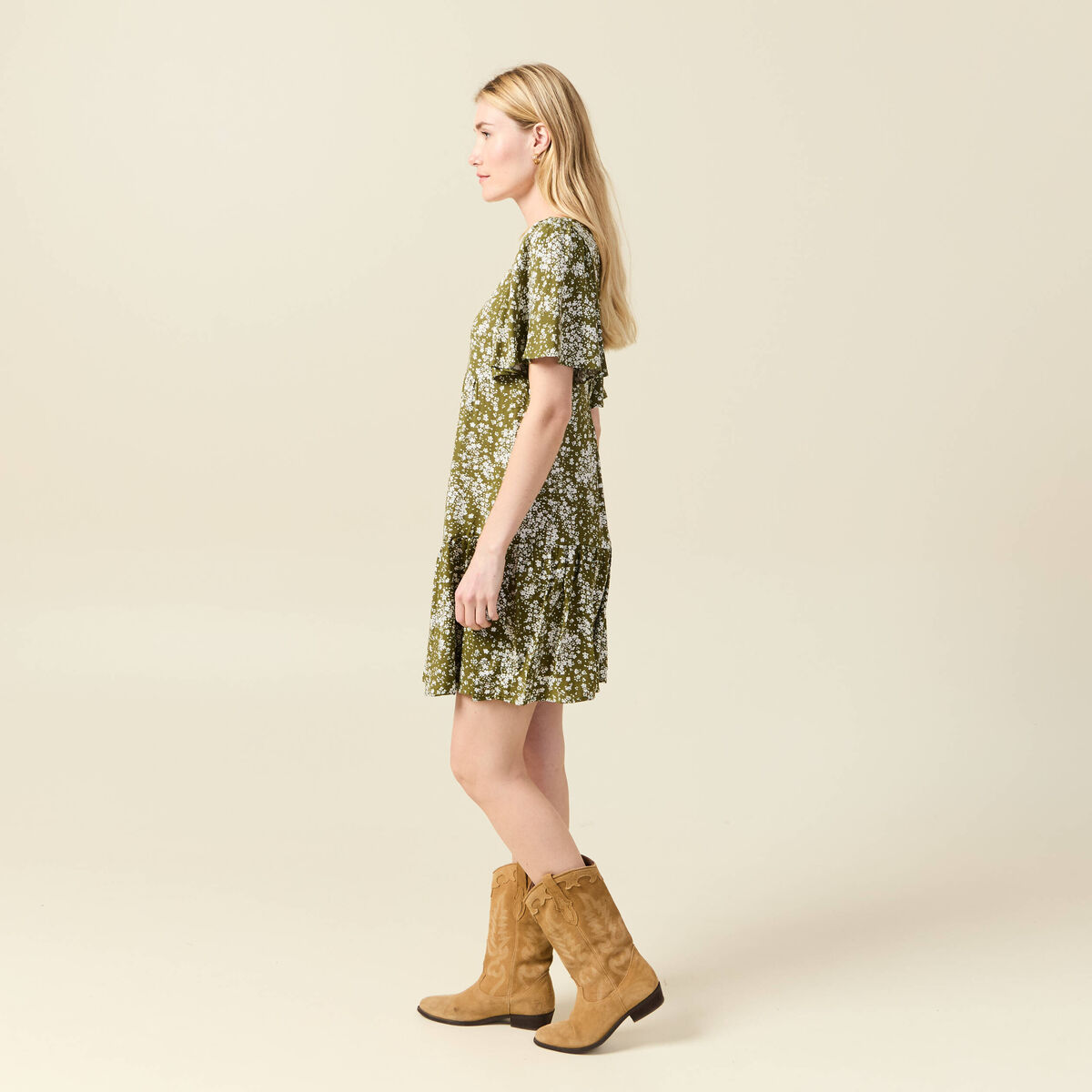 Robe évasée manches courtes vert olive femme