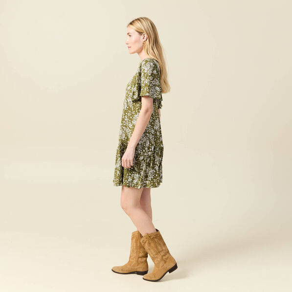 Robe évasée manches courtes vert olive femme