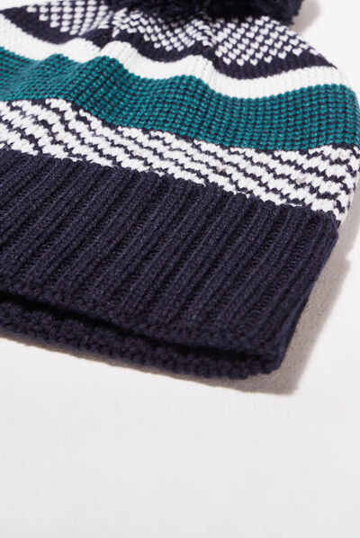 Bonnet tricoté à pompon bleu foncé homme