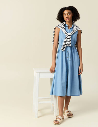Robe longue trapèze jean denim bleach femme