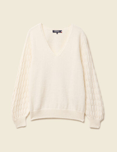 Pull ajouré col V manches longues ecru femme