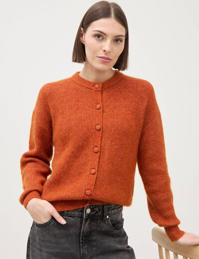 Gilet manches longues col rond marron cognac femme