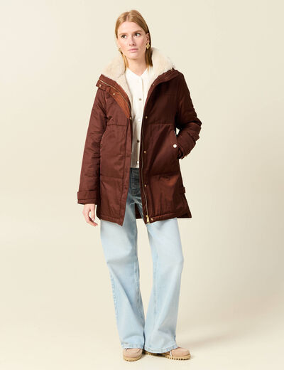 Parka droite &agrave; capuche marron fonc&eacute; femme