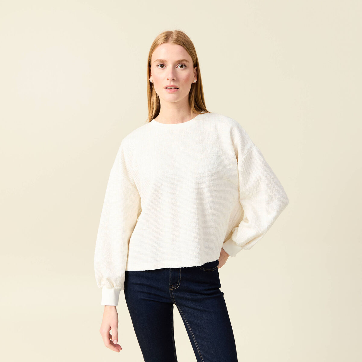 Sweat col rond manches longues ecru femme