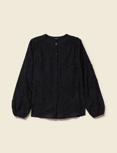 Chemise manches longues broderie coton noir femme