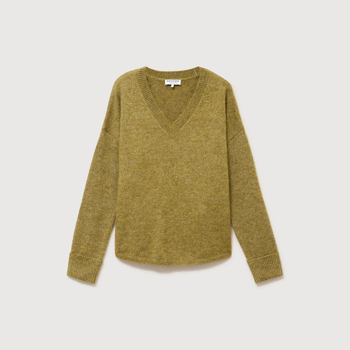 Pull droit col v manches longues vert kaki femme