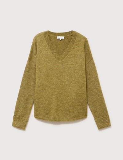 Pull droit col v manches longues vert kaki femme
