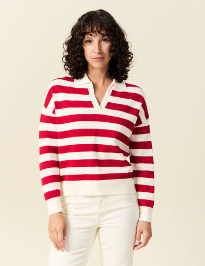 Pull manches longues col polo ecru femme