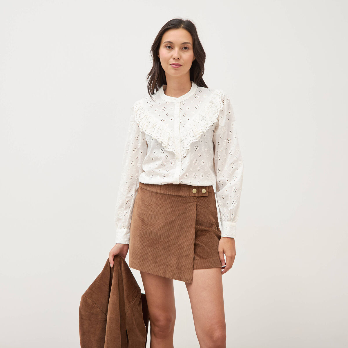 Jupe-short taille haute en velours vieux rose femme