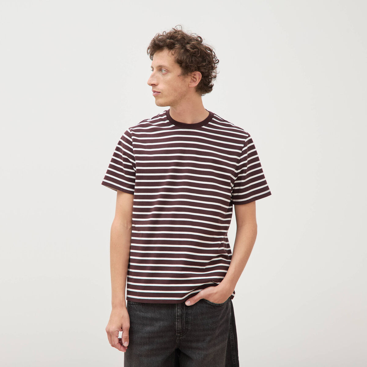 T-shirt en coton manches courtes marron fonc&eacute; homme