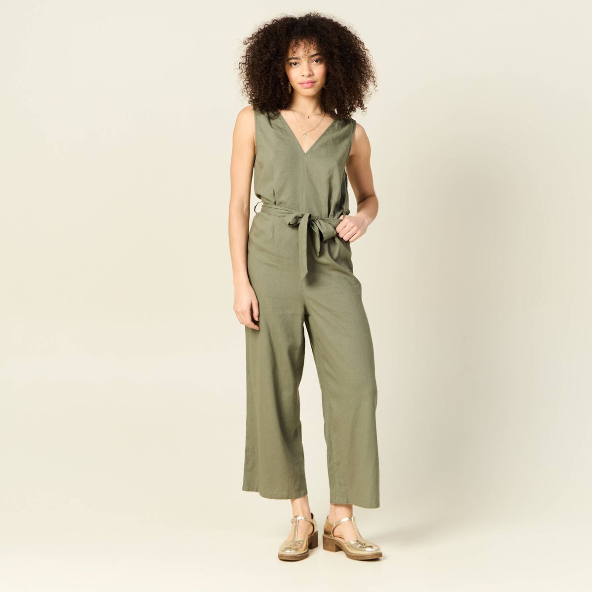 Combinaison salopette fines bretelles vert kaki femme